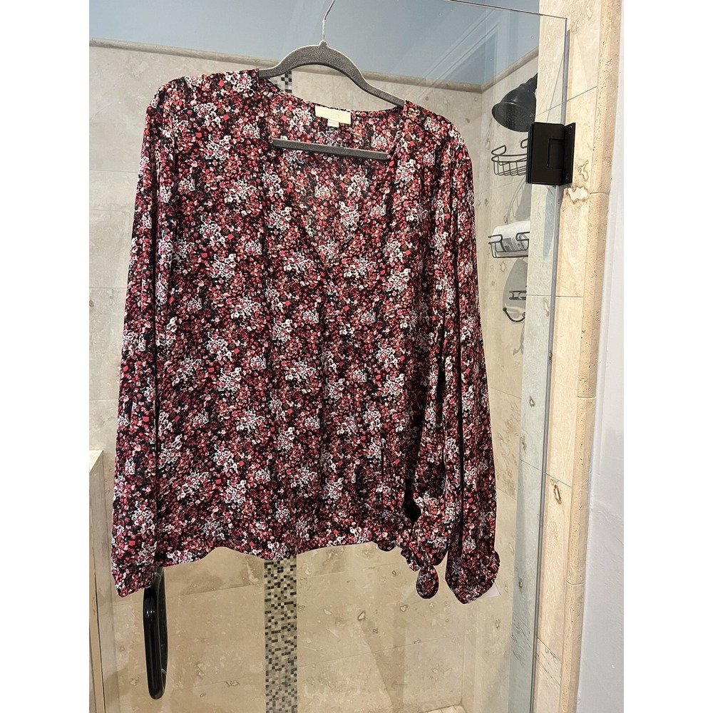 Loft Outlet Vibrant Floral Red Pink White Mock Wrap Banded Blouse XL